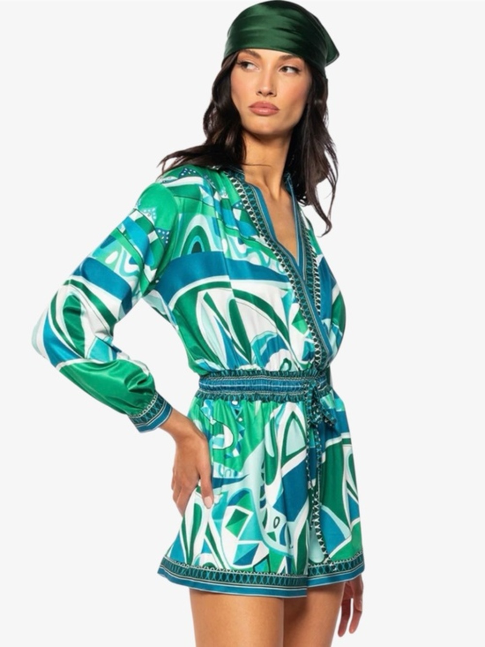 Akira Bianca Tie Waist Long Sleeve Green & Blue Abstract Print Romper Size M